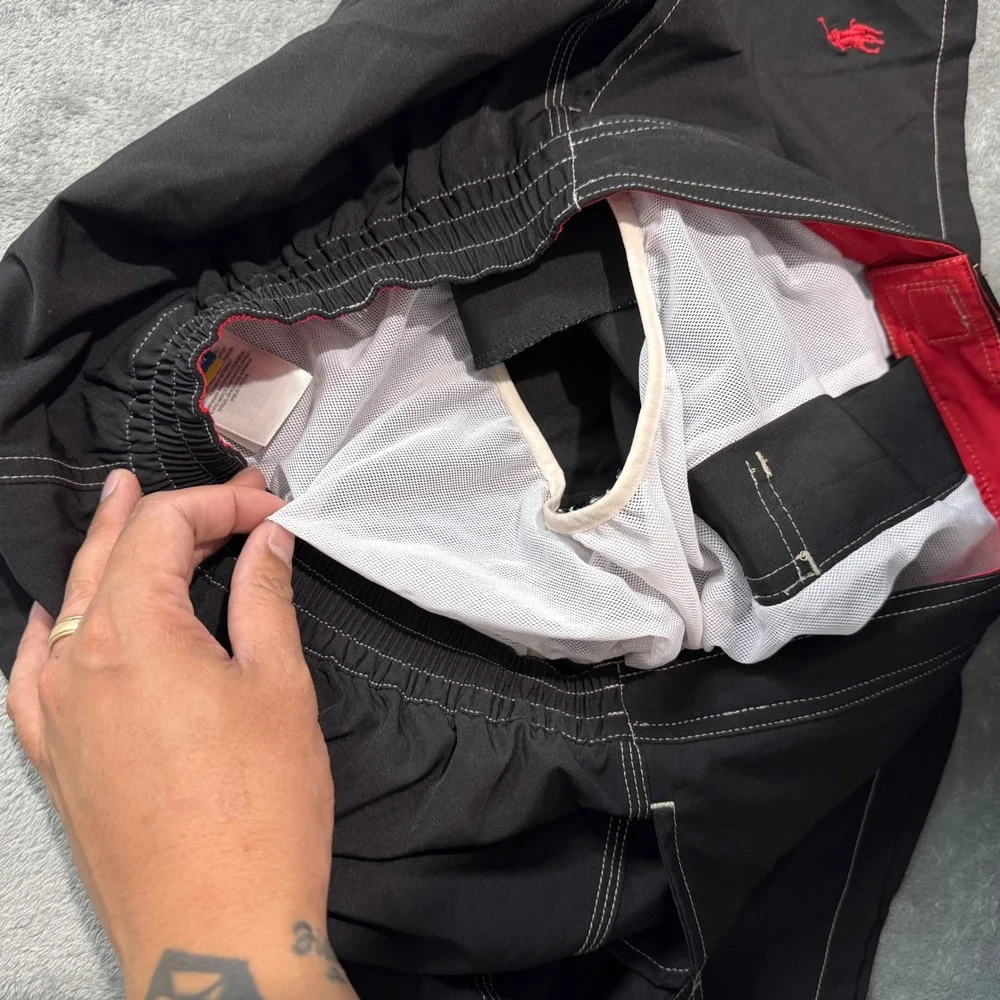 Polo Ralph Lauren Mens Black Board Shorts Swim Trunks Cargo Pocket Red Pony L